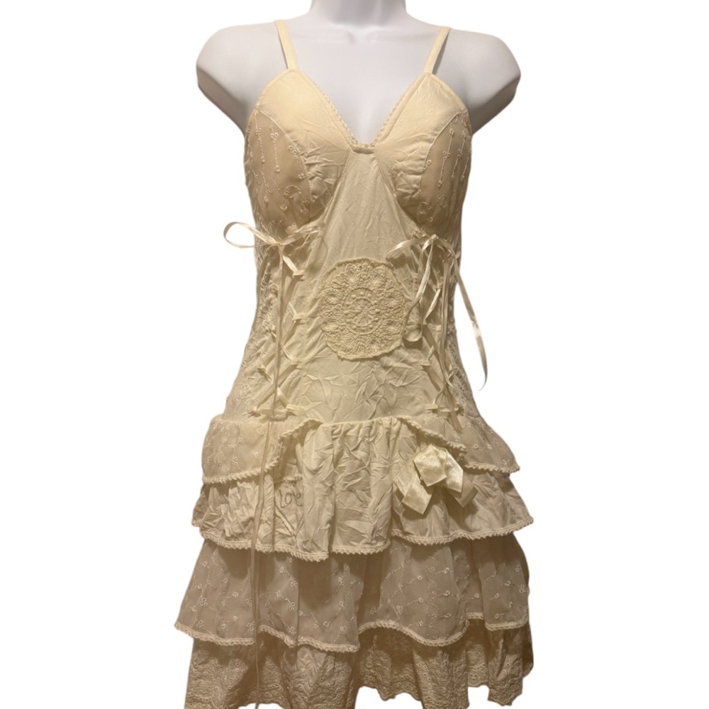 SAVAGE CULTURE sz SMALL cream layered lace and mesh dress w corset lace details